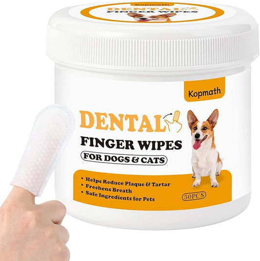 Dog Dental Wipes, Dog Teeth Cleaning Finger Wipes, Reduce Plaque & Tartar, Freshen Breath, Safe Natural Pet Dental Care Finger Wipes for Dog & Cat, Portable & Disposable Dog Tooth Wipes, 50 Ct
