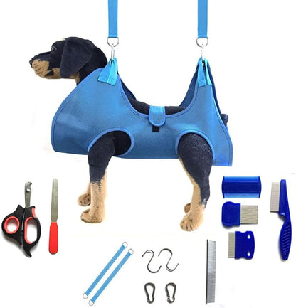 Dog Grooming Hammock with Flea Comb and Dog Nail Clipper, Pet Dog Grooming Hammock Harness with Cat Nail Clipper, Nail File and Dog Brush, Dog Sling for Nail Clipping/Nail Trimming (XS, Blue)