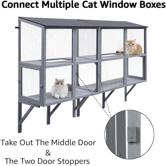 beeNbkks Cat Catio, 2-Tier Window Box Enclosure for Multiple Indoor Cats, Expandable Wooden Pet Perch House, Secure Comfortable Outdoor Haven, All Weather Use, Nature-Friendly Design