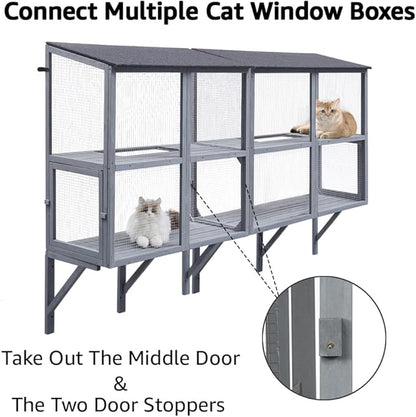 beeNbkks Cat Catio, 2-Tier Window Box Enclosure for Multiple Indoor Cats, Expandable Wooden Pet Perch House, Secure Comfortable Outdoor Haven, All Weather Use, Nature-Friendly Design