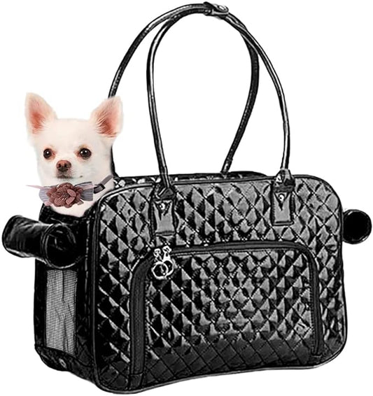 Fashion Dog Purse Carrier for Small Dogs with 2 Extra Pockets, Holds Up to 8lbs Quality PU Leather Pet Carrier, Cat Carrier, Airline Approved Puppy Purse Carrier for Travel (Black, Small Size)
