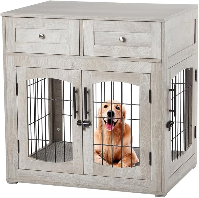 Dog Crate Furniture with Double Drawers, Wooden End Table Dog Kennel, Furniture Style Wood House Crate for Small/Medium/Large Dogs, Decorative Dog Crate with Storage for Large Breed, 40 Inch, Gray