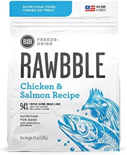 BIXBI Rawbble Freeze Dried Dog Food, Chicken & Salmon Recipe, 4.5 oz - 94% Meat and Organs, No Fillers - Pantry-Friendly Raw Dog Food for Meal, Treat or Food Topper - USA Made in Small Batches