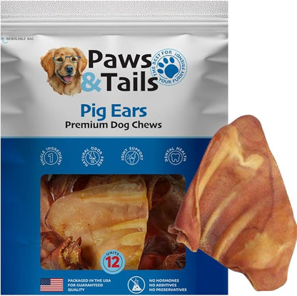 PAWS&TAILS Premium All-Natural Pig Ears for Dogs - Joint Health Support, Thick-Cut - High-Protein, Low-Fat Treats for Dental Hygiene - No Additives or Preservatives. (12, Natural Whole Pig Ears)