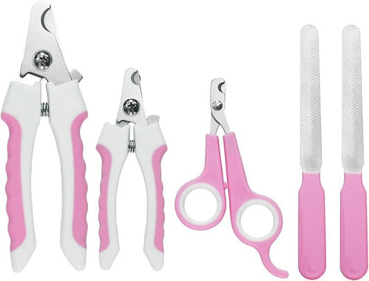 5Pcs Dogs and Cats Grooming Nail Clippers Kit Pet Claws Nail Clipper Trimmers, with Protective Guard Lock to Avoid Over Cutting, Professional Trimmers for Large and Small Cat and Dog Animal. (Pink)