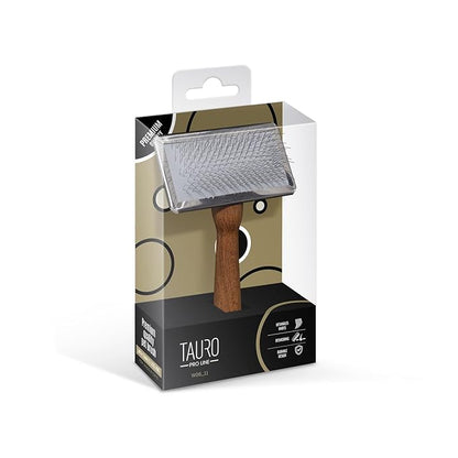 TAURO PRO LINE Wooden Dog Brush for Shedding Long and Short Hair, Wooden Soft Slicker for Grooming Haired Dogs and Cats, Metal Teeth And Sleek Design, 4,72 x 3,54 inch, M, Brown