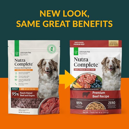 ULTIMATE PET NUTRITION Nutra Complete, 100% Freeze Dried Veterinarian Formulated Raw Dog Food with Antioxidants Prebiotics and Amino Acids (1 Pound, Beef)
