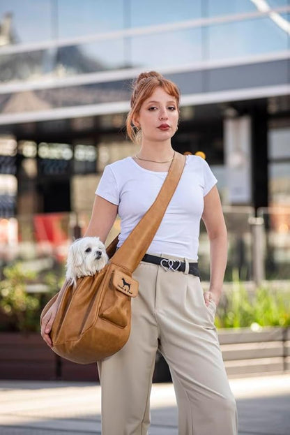 Noah & Paw Dog Sling Carrier for Small Dogs 5-18lb, Dog Sling for Small Dogs and Cats, Dog Carrier with Adjustable Padded Strap, Vegan Leather Lined with Fur, Double Safety Feature, Machine Washable