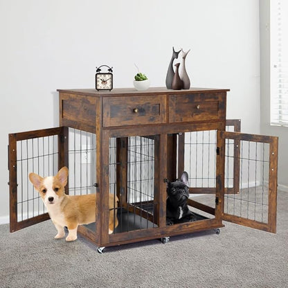 Dog Crate Furniture with Storage,39.4" Large Wooden Dog Kennel Crate End Table with Divider,Dog Cage Dog House Indoor (Rustic Brown)