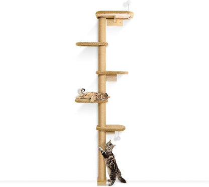 5-Tier Tall Cat Tree for Kittens, Floor to Ceiling Wall Mounted Cat Wall Shelves with Brown Plush Pads, Adjustable Wild Simulation Cat Tower for Climbing, Scratching & Lookout