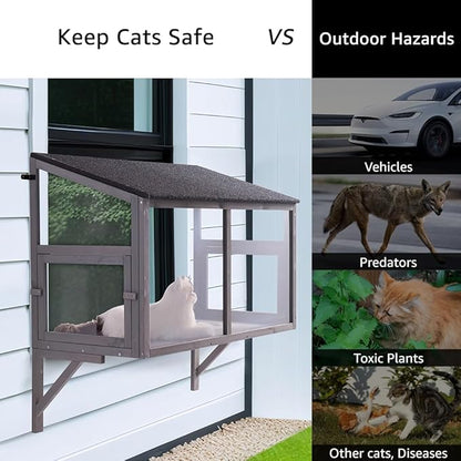 beeNbkks Prevent Conditioned Air Loss, Bug Proof Cat Catio, Window Cat House with Clear Acrylic Screens, Outdoor Enclosure for Indoor Pets, Expandable Wooden Perch, Safe Comfortable Haven for Pets
