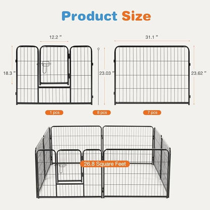Dog Playpen, 8 Panel 24 Height Puppy Fence Exercise Pen for Yard Gate, Indoor Outdoor Heavy Duty Anti-Rust Metal Playpens with Doors Portable for RV Camping - Small/Medium/Large Pets