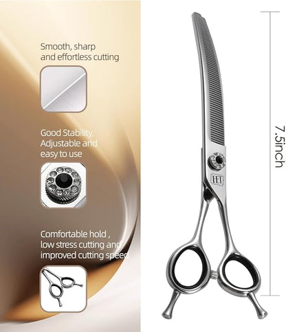 Dog Grooming Scissors: 7.5 inch Professional Pet Curved Thinning Shears Made Of Japanese 440C Advanced Stainless Steel for Dogs Cats and Other Pets