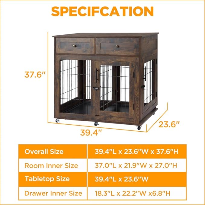 Double Dog Crate Furniture with 2 Drawers,Wooden Dog Crate End Table,2 Dogs Wooden Dog Cage Dog House for Small/Medium/Large