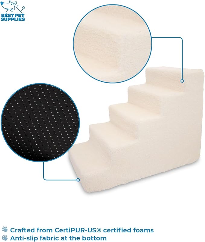 Best Pet Supplies Dog Stairs for Small Dogs & Cats, Foam Pet Steps Portable Ramp for Couch Sofa and High Bed Non-Slip Balanced Indoor Step Support, Paw Safe No Assembly - Lambswool, 5-Step