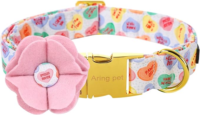 ARING PET Valentine's Day Dog Collar-Cute Dog Collar with Felt Flower, Adjustable Cotton Heart Dog Collars Pet Collars with Metal Buckle