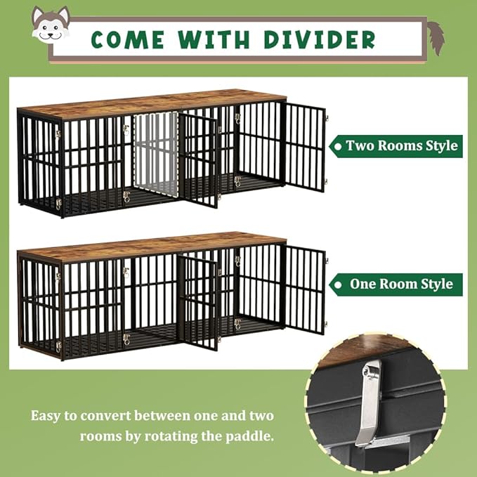 Dog Crate Furniture for 2 Dogs, 76 Wooden Dog Kennel with Divider, XXL Double Dog Crate Furniture Large Breed with 4 Doors, Dog Cage End Table Indoor for Large & Medium Dogs, Black
