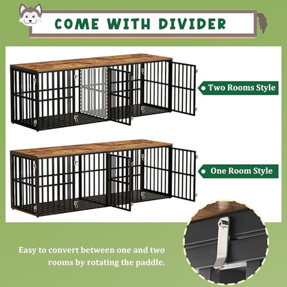 Dog Crate Furniture for 2 Dogs, 76 Wooden Dog Kennel with Divider, XXL Double Dog Crate Furniture Large Breed with 4 Doors, Dog Cage End Table Indoor for Large & Medium Dogs, Black