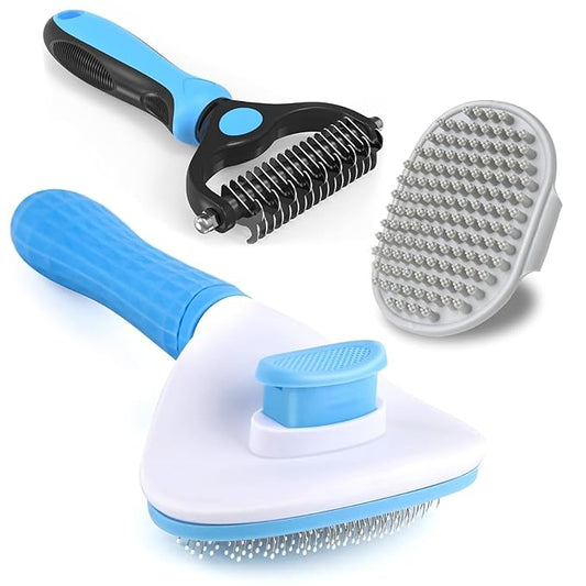 3PCS Dog Grooming Brush - Dog Brush for Shedding Massaging Bathing - Double Sided Shedding, Dematting Undercoat Rake - Self Cleaning Slicker Brush for Dogs and Cats with Long or Short Coats