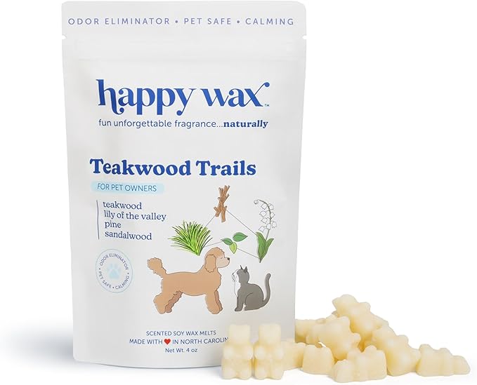 Happy Wax Teakwood Trails Wax Melts for Pet Owners  Odor Eliminating, Calming, Pet-Safe, Non-Toxic, Dye-Free, Perfect for Use with Wax Warmers - 4 oz Pouch