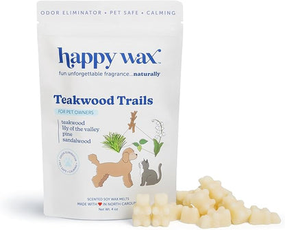 Happy Wax Teakwood Trails Wax Melts for Pet Owners  Odor Eliminating, Calming, Pet-Safe, Non-Toxic, Dye-Free, Perfect for Use with Wax Warmers - 4 oz Pouch