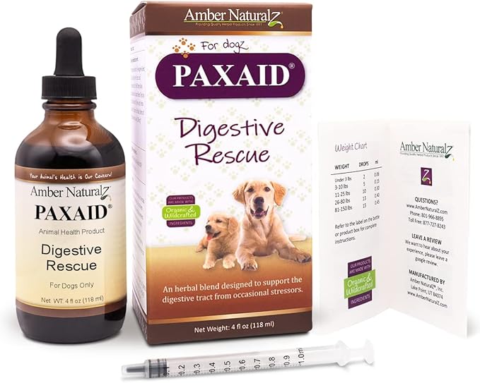 Amber NaturalZ Paxaid Digestive Rescue Herbal Supplement for Dogs and Puppies | Canine Herbal Supplement for Occasional Digestive Upset Support | 4 Fluid Ounce Glass Bottle | Manufactured in The USA