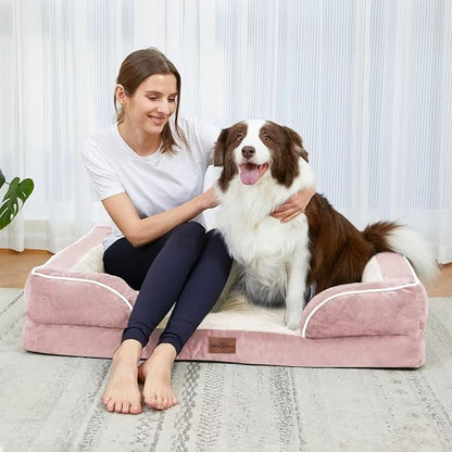Large Dog Beds Waterproof Orthopedic Foam Dog Beds for Large Dogs Sofa Comfy Pet Bed with Non-Slip Bottom & Washable Removable Cover(Large,Pink)