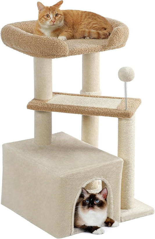 Made4Pets Cat Tree, Carpet Cat Tower Grey for Indoors Cats, Cute Wood Kitty Condo with Scratching Post and Pad, 29" Multi-Level Modern Activity Climbing Furniture for Small and Medium Cats