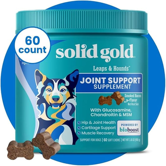 Solid Gold Glucosamine for Dogs Hip and Joint Supplement - Glucosamine Chondroitin MSM for Dog Pain Relief - Leaps & Hounds Chews for Dog Arthritis Pain Relief & Overall Mobility - 60 Count