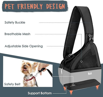 SlowTon Pet Dog Sling Carrier, Hands Free Hard Bottom Papoose Small Animal Puppy Up to 6 lbs Travel Bag Tote Breathable Mesh Support Adjustable Padded Strap Pocket Safety Belt(Widened Black)