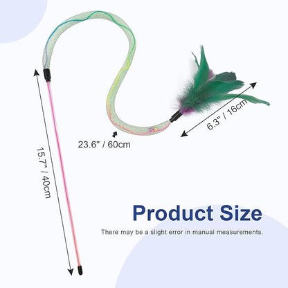 SONGWAY Cat Rainbow Wand Toy - Rainbow Cat Feather Toys with Bells, Colorful Mesh Teaser Wand with Feather Tail, Interactive Toys for Indoor Cats Kittens, Dark Color