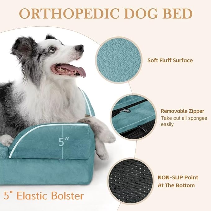 Orthopedic Foam XL Dog Beds Waterproof, Extra Large Dog Bed with Bolster, Washable Dog Bed Sofa Pet Bed with Removable Cover & Non-Slip Bottom(X-Large,Washed Blue)