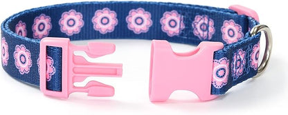 Mile High Life Dog Collar | Cute Puppy Collars | Lightweight Girl Dog Collar | Soft Boy Dog Collars | w Geometric Plaid Wave Line Pattern (Pink Flower, Medium)