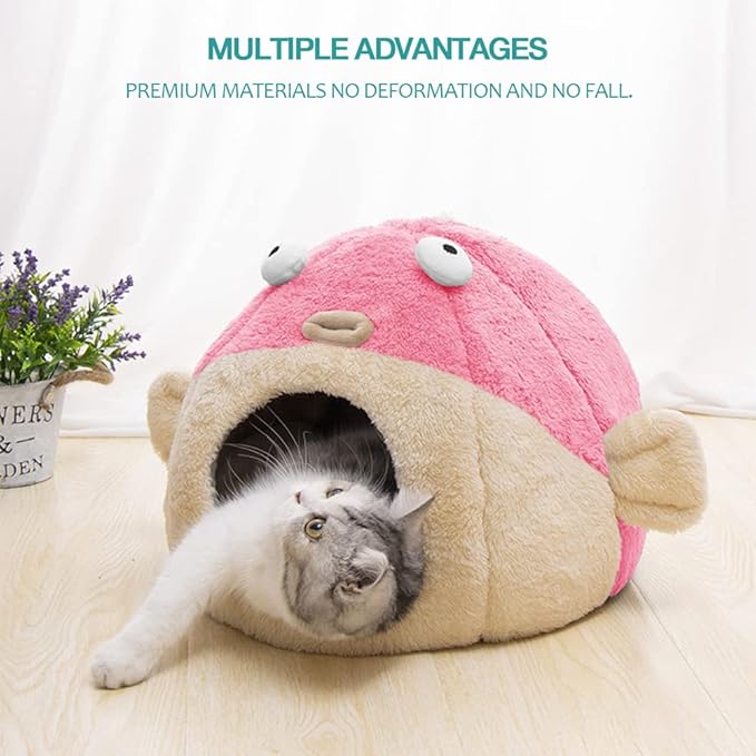 Cat Beds for Indoor Cats - Cat Bed Cave with Removable Washable Cushioned Pillow, Soft Plush Premium Cotton No Deformation Pet Bed, Lively Pufferfish cat House Design, Pink, Multiple Sizes