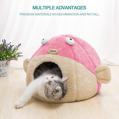 Cat Beds for Indoor Cats - Cat Bed Cave with Removable Washable Cushioned Pillow, Soft Plush Premium Cotton No Deformation Pet Bed, Lively Pufferfish cat House Design, Pink, Multiple Sizes