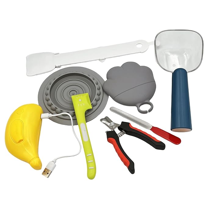 Pet Grooming Food Kit, 8Pcs Dog Cat Can Supplies Set,Steam Brush,Nail Clipper & File,Food Can Spoon,Pet Food Scoop with Bag Clip,Cat Strip Feeder Spoon,Food Can Lid Cover,Slow Feeder Bowl