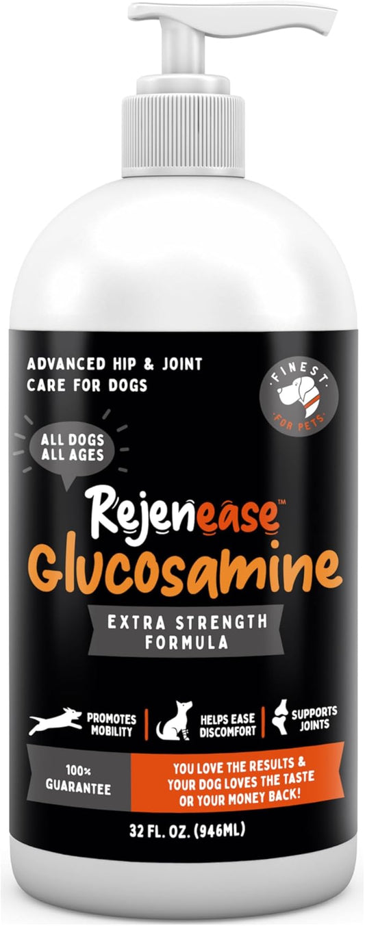 Rejenease Liquid Glucosamine for Dogs with Chondroitin, MSM & Hyaluronic Acid  Finest For Pets Hip & Joint Supplement for Dog Joint Support, Mobility, Stiffness & Pain Relief (32 oz, Made in USA)