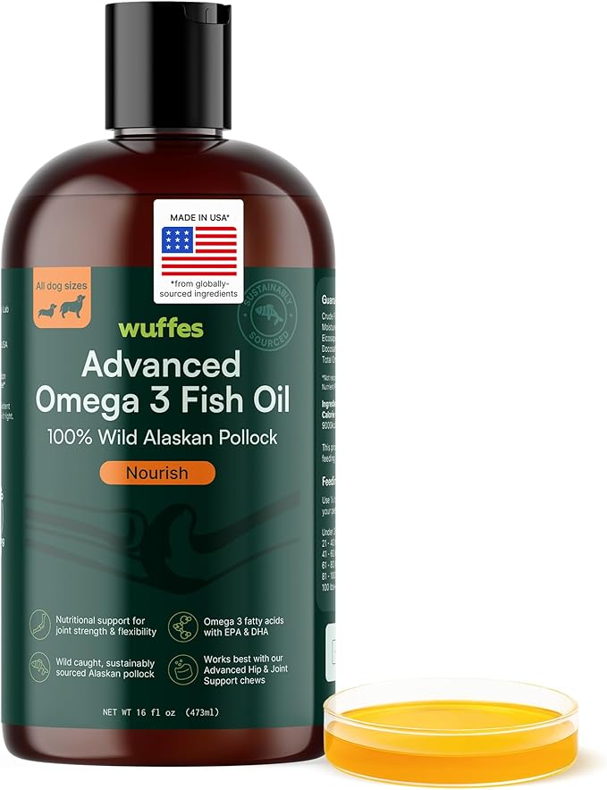 Wuffes Advanced Omega 3 Fish Oil for Dogs, Natural EPA & DHA Fatty Acids, Supports Healthy Skin and Coat, Joint Nutrition, Digestion & Immune System - 100% Pure Wild Alaskan Fish Oil, 16 Oz