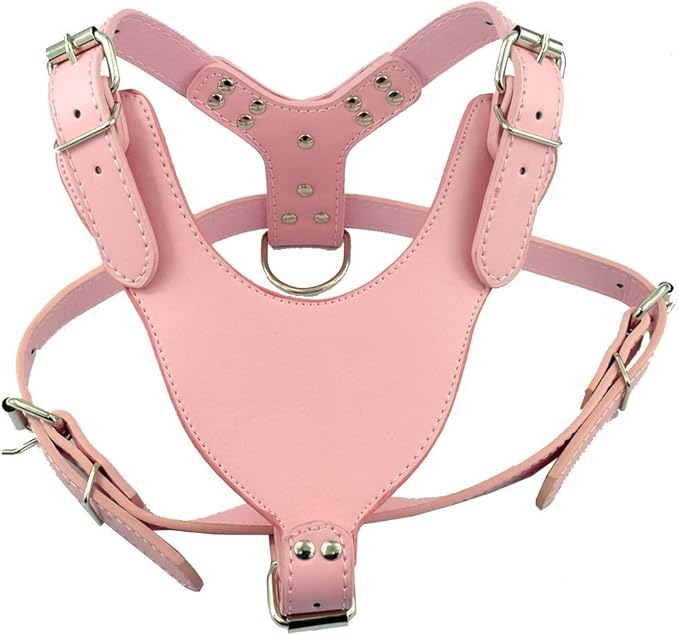 Dogs Kingdom 26"-34" Soft Leather Dog Harness Large for Pit Bull, Boxer, Bull Terrier Pink