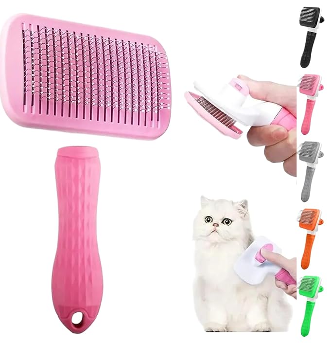 Pink Cat grooming brush, Pet hair brush with Massage Particles, Self Cleaning Dematting Comb for Dogs and Cats, Easy to Use, Ergonomic Handle Design