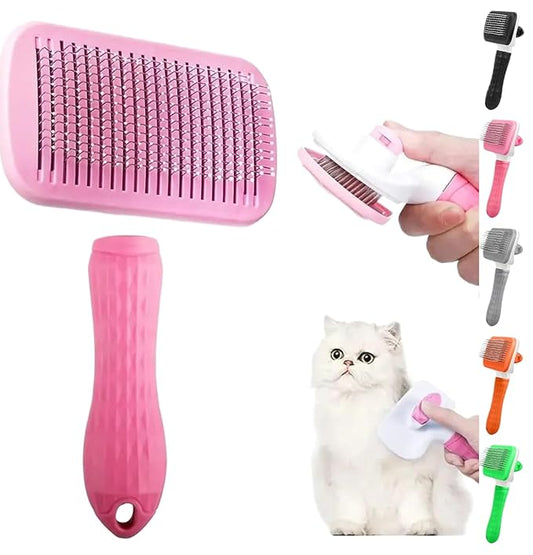 Pink Cat grooming brush, Pet hair brush with Massage Particles, Self Cleaning Dematting Comb for Dogs and Cats, Easy to Use, Ergonomic Handle Design