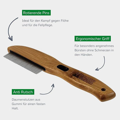 Alcott Bamboo Groom Flea Comb with 77 Rotating Pins for Pets
