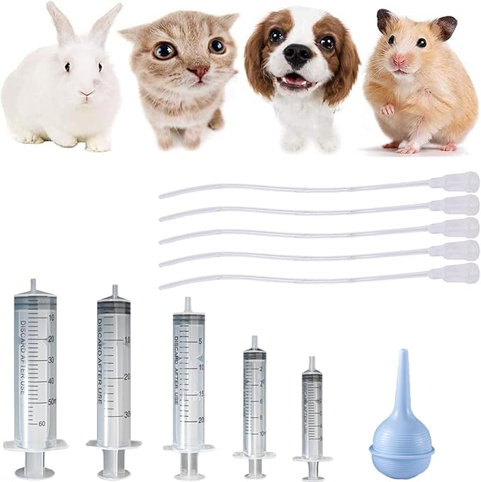 11 Pcs Puppy Kitten Feeding Tube Kit, Pet Feeding Supplies Kit Includes 5 Pcs Kitten Feeding Syringe 5 ML 10 ML 20 ML 30 ML 60 ML 5 Pcs 8 FR Transparently Feeding Tubes, Bulb Syringe for Small Animals
