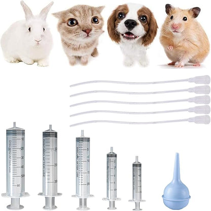 11 Pcs Puppy Kitten Feeding Tube Kit, Pet Feeding Supplies Kit Includes 5 Pcs Kitten Feeding Syringe 5 ML 10 ML 20 ML 30 ML 60 ML 5 Pcs 8 FR Transparently Feeding Tubes, Bulb Syringe for Small Animals