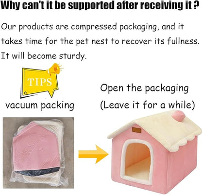 Dog House Indoor Memory Sponge, Foldable Dog House Kennel Bed Mat with Cushion for Small Medium Large Dogs Cats, Winter Warm Cat Nest Puppy Cave Sofa Pet Products (Pink, XL)