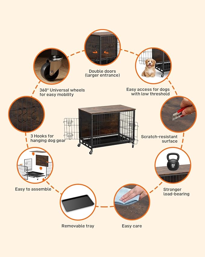 2024 New Dog Crate Furniture, 38.6" Dual-Entry Large Dog Kennel & Stylish Furniture Piece, Easy-Clean, Chew-Proof, with Mobile Locking Wheels, Perfect Fusion of Pet Comfort, Rustic Brown