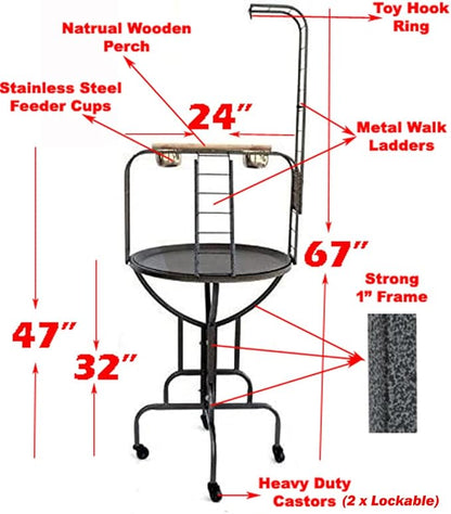 Elegant and Strong Durable Wrought Iron Parrot Bird Play Gym Ground Rolling Stand with Metal Climbing Play Ladder Easy Clean Removable Metal Pan Toy Hook Included