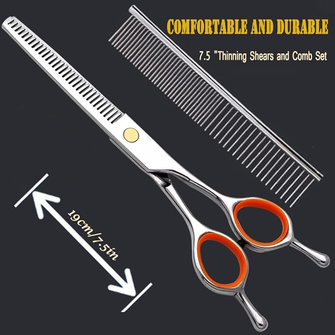 AIRY 7.5" Professional Thinning Shears Dog Grooming Blending Scissor, 20%-30% Thinning Rate Pet Grooming Thinner Blender Shears Set Includes No Traces Scissors & Steel Comb Right and Left Handers
