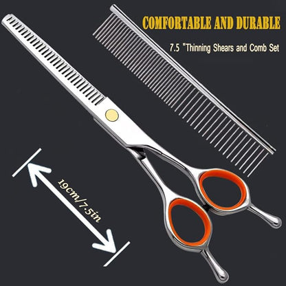 AIRY 7.5" Professional Thinning Shears Dog Grooming Blending Scissor, 20%-30% Thinning Rate Pet Grooming Thinner Blender Shears Set Includes No Traces Scissors & Steel Comb Right and Left Handers