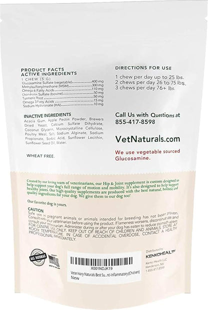 Veterinary Naturals Hip & Joint Supplement for Dogs - 60 Soft Dog Chews for Hip & Joint Support - Dog Vitamins and Supplements with Glucosamine for Dogs & MSM - Grain-Free, Roasted Chicken Flavor